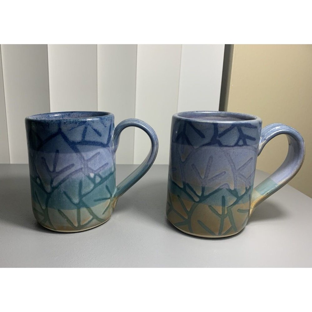 Set of 2 Studio Pottery Glazed Mugs Signed Blue Purple